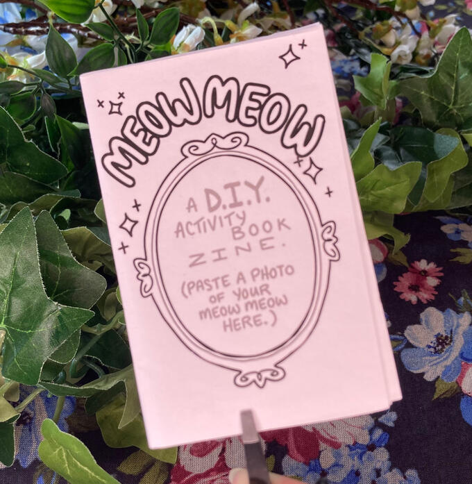 A folded zine that says &quot;MEOW MEOW&quot; above a oblong frame. The inside of the frame reads &quot;A D.I.Y. activity book zine. PARENTHESIS: paste a photo of your meow meow here.)&quot;